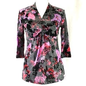 Tribal knit top gray pink purple floral (J821)